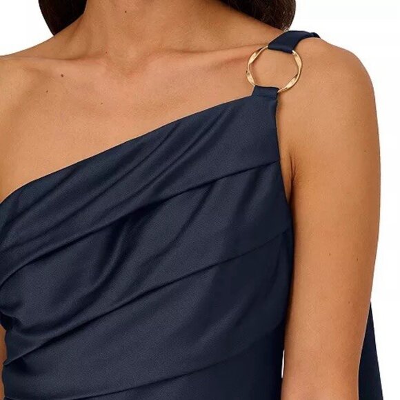 New Adrianna Papell Women’s Size 4 Navy Blue Satin One-Shoulder Gown Dress Maxi - Picture 4 of 14